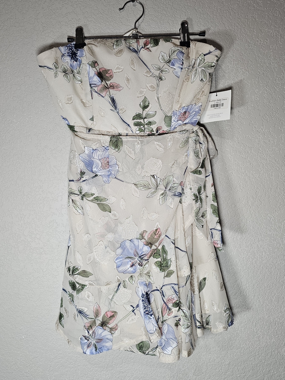 Strapless Floral Sundress in Cream with Blue & Green Accents - Picture 2 of 6